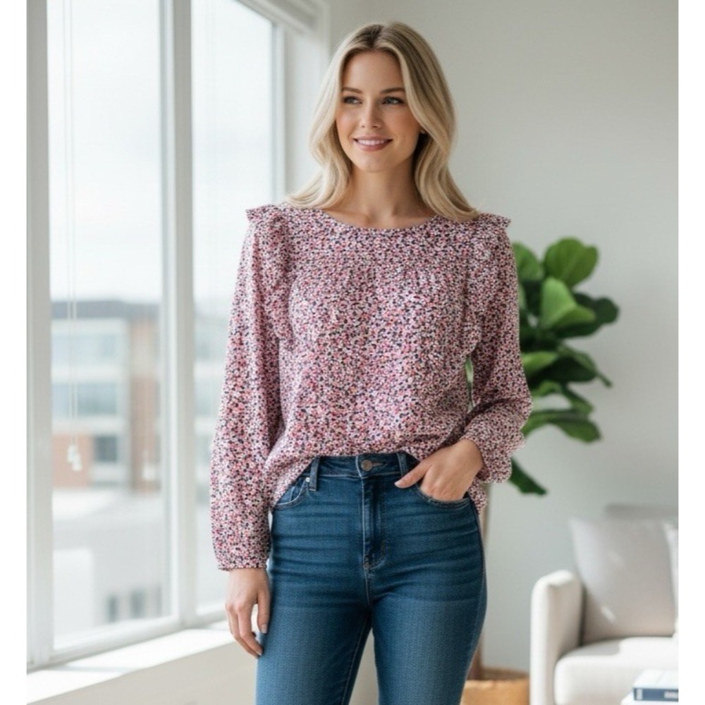 J.Crew Mercantile Women's 12 Ruffle Blouse Pink Ditsy‎ Floral EUC